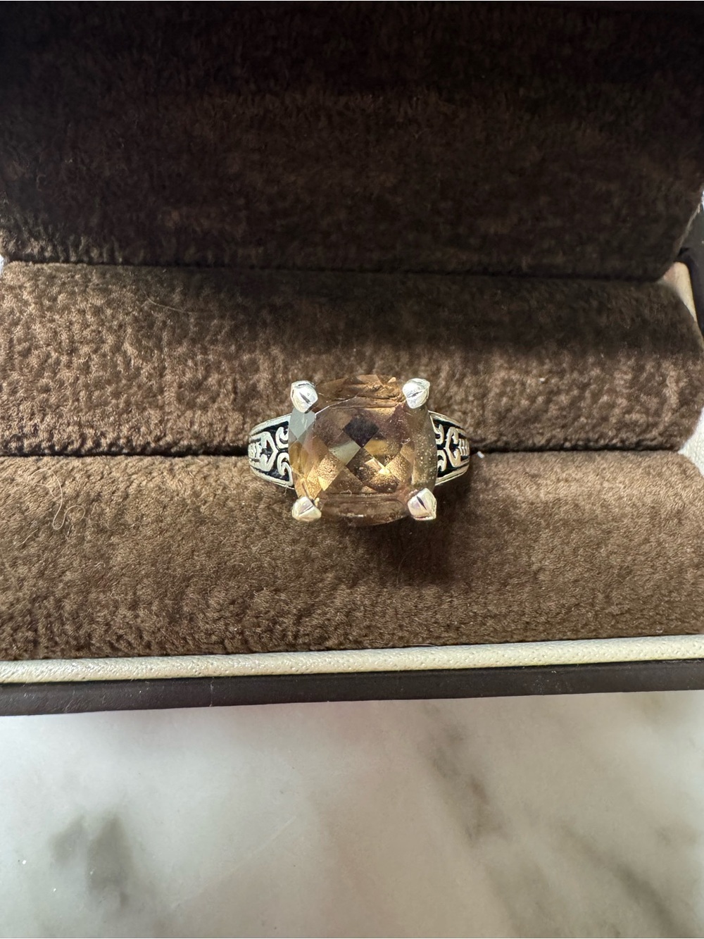 Smoky quartz cushion cut silver ring